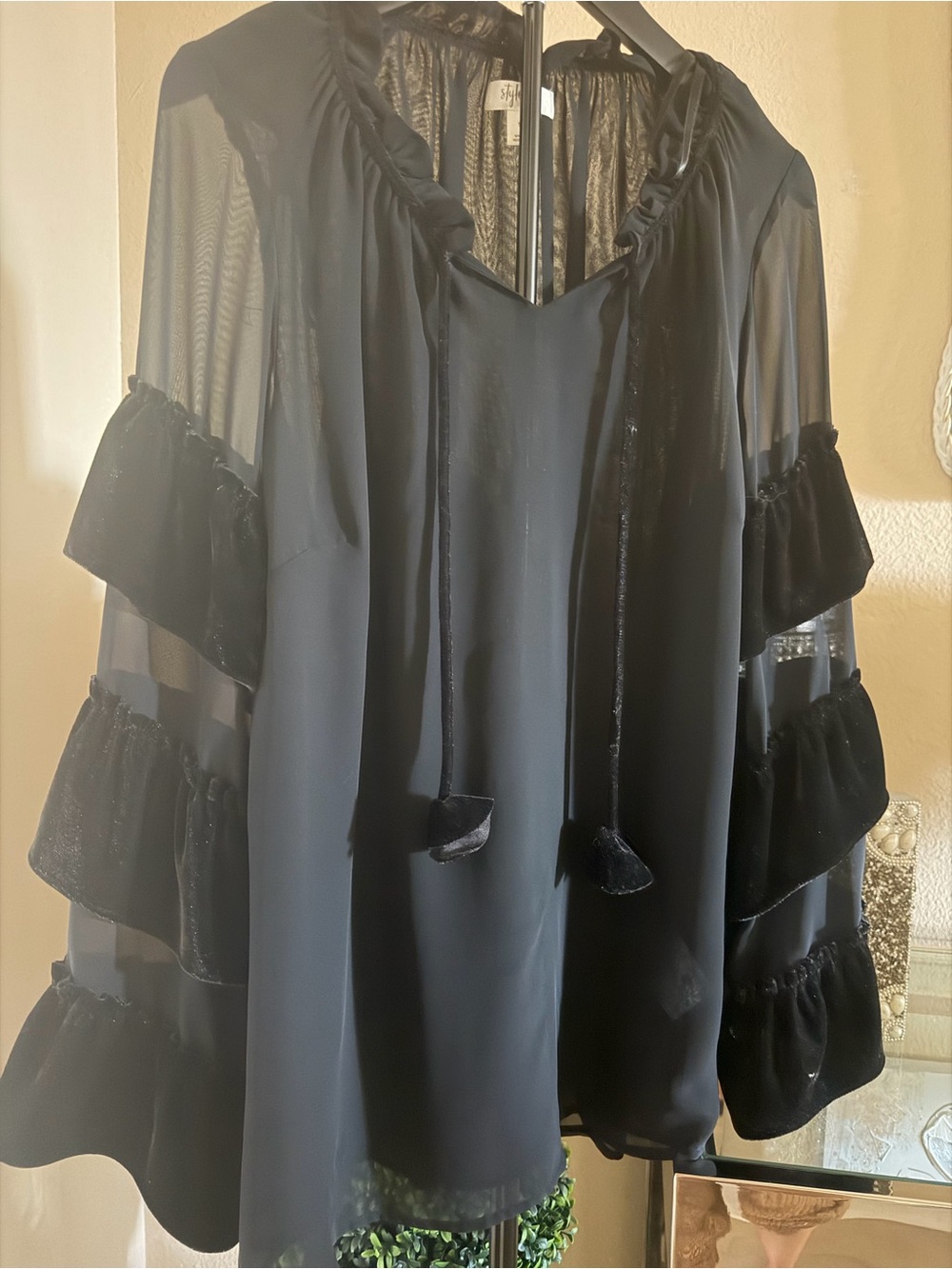 Style & Co. Black Sheer Ruffle Sleeve Tie-Neck Blouse